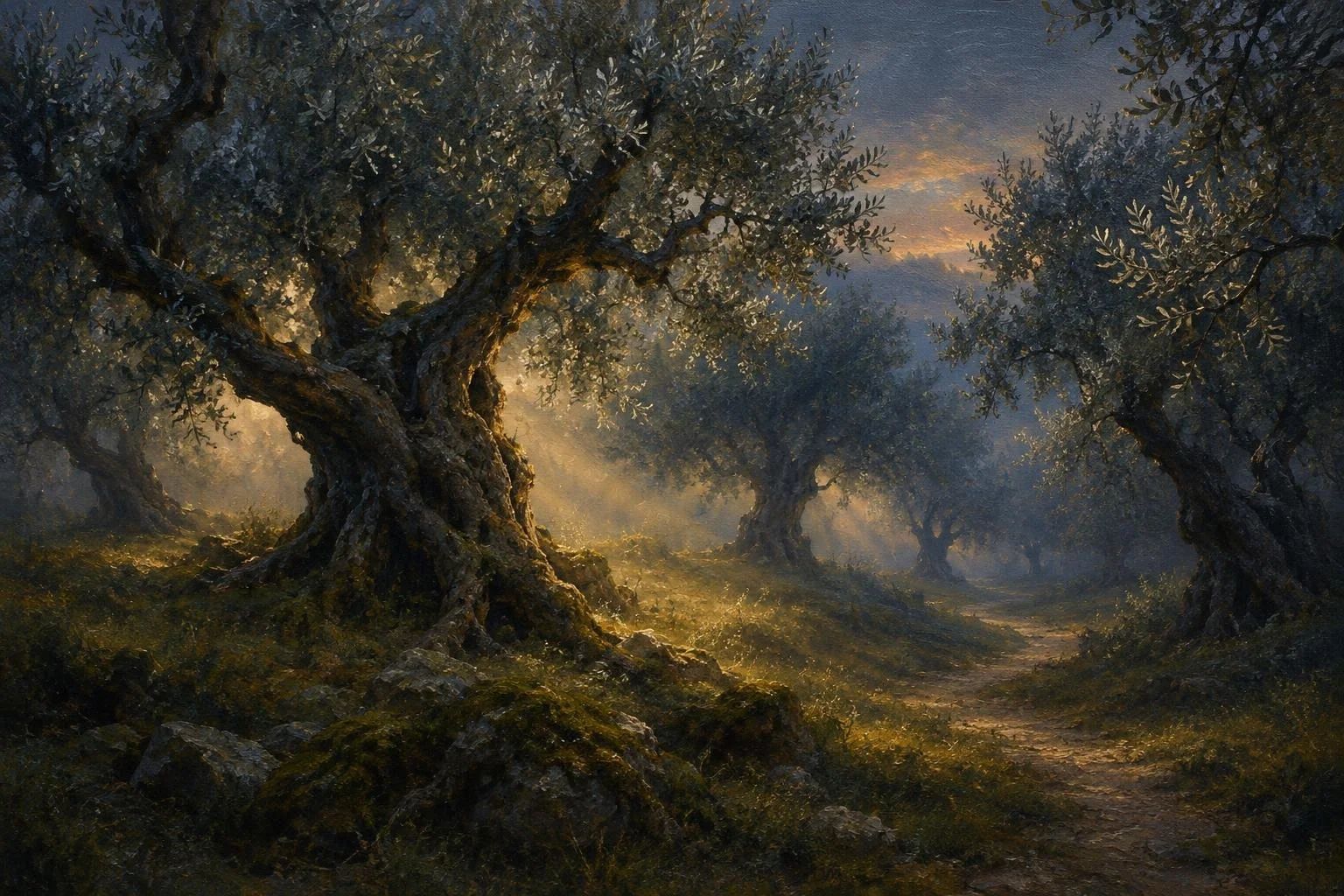 Një ullishte e vjetër në muzg me dritë të butë mes degëve të përhimta