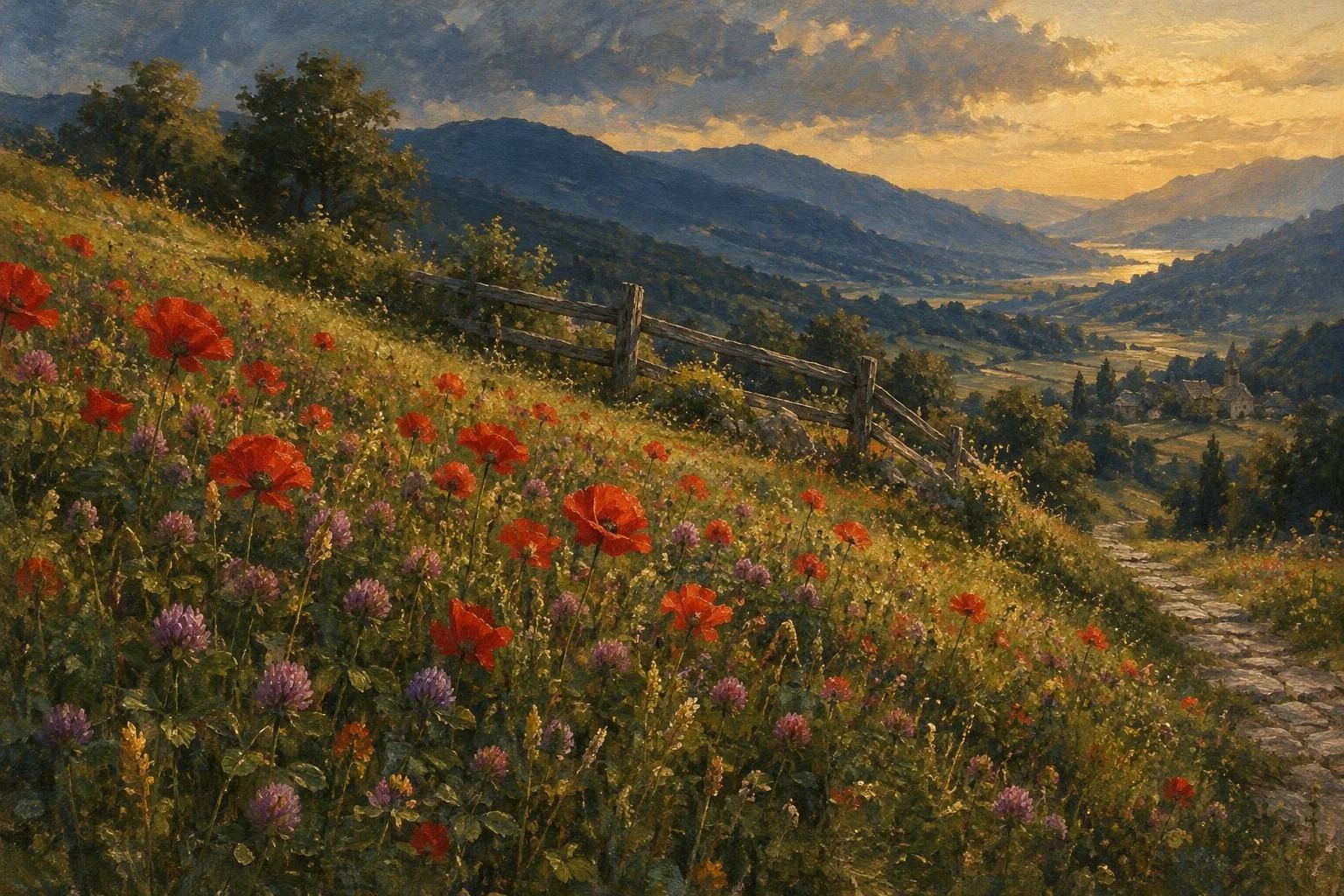 Lëndinë pranverore plot lulëkuqe dhe një gardh i vjetër druri mbi luginë