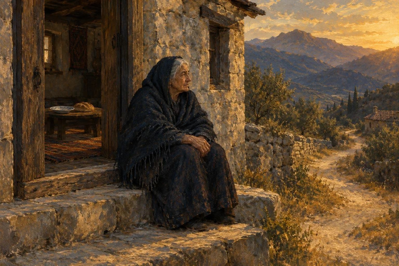 Grua e moshuar ulur te pragu i shtëpisë së gurit duke vështruar rrugën e zbrazët