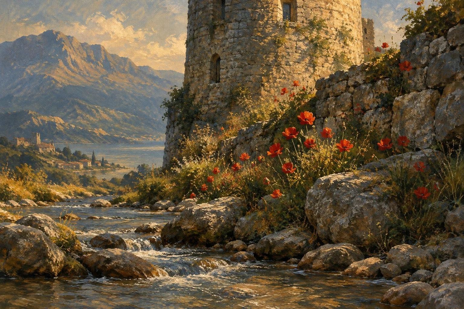Një përrua me gurë të lëmuar dhe lulëkuqe pranë mureve të një kështjelle të lashtë