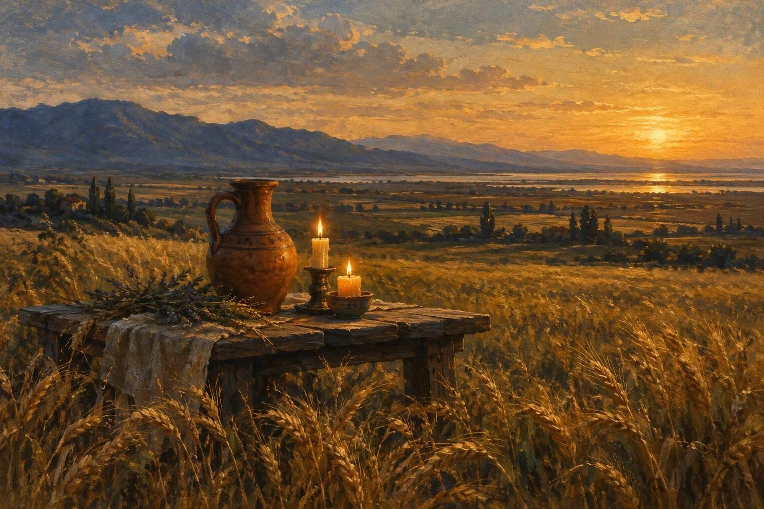 Fusha e artë e Myzeqesë në muzg me një shtambë dhe qirinj të ndezur mes grurit.