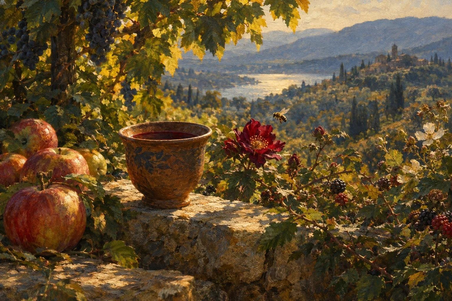 Një gotë vere e kuqe dhe mollë të pjekura mbi një parmak guri në një vresht me diell