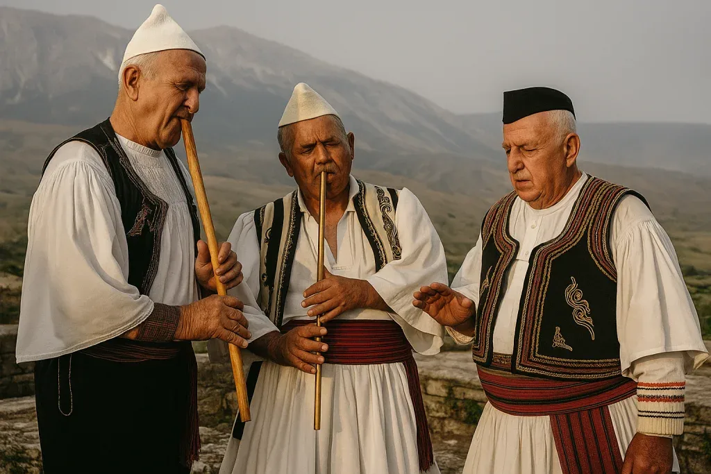 Këngëtarë të iso-polifonisë shqiptare në kostum tradicional